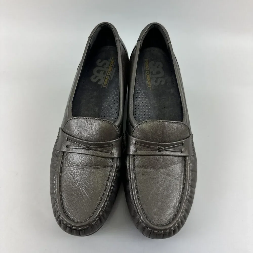 SAS Easier Slip On Loafer Pewter Leather Silver Metallic Wedge Womens Size 8.5 M